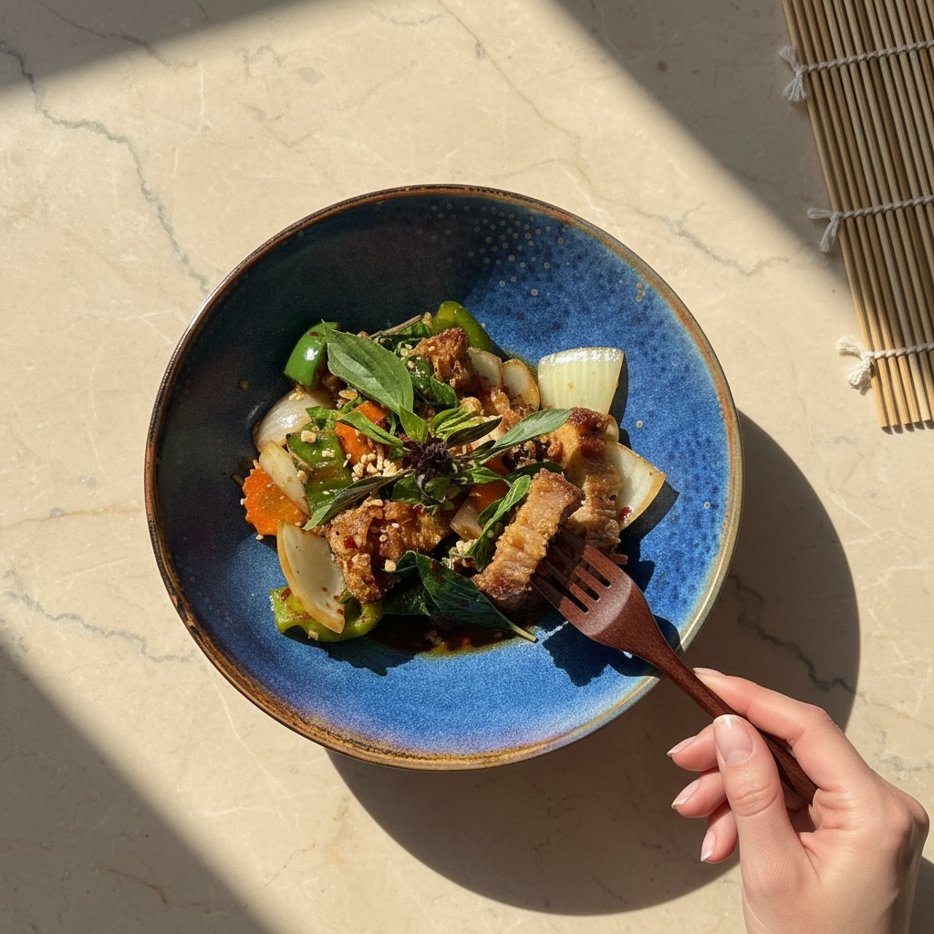 Crispy pork with basil