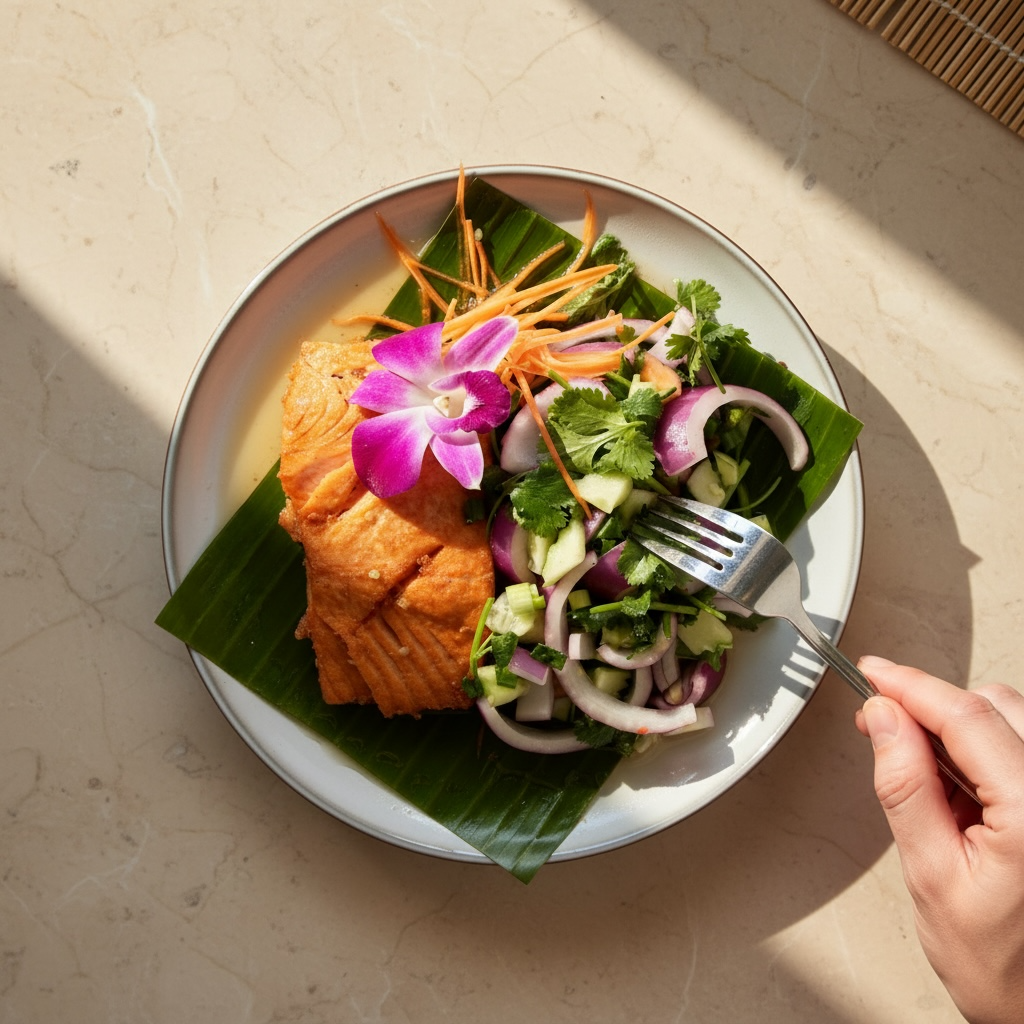 Thai salmon salad with fresh vegetables