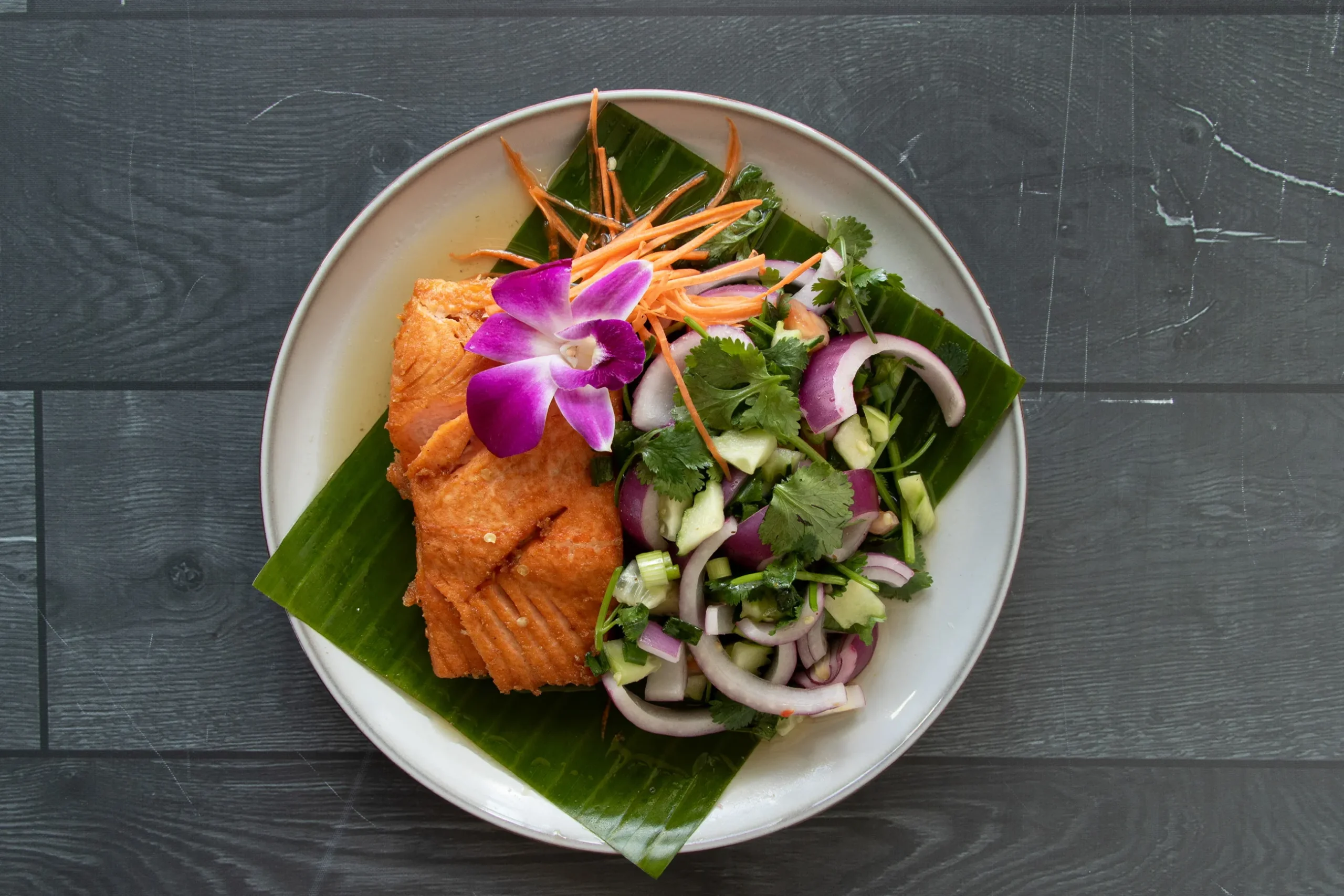 Thai salmon salad with fresh vegetables